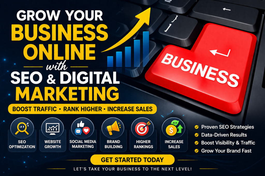Digital marketing poster showing business growth concept with SEO strategies, rising graph, and online marketing elements